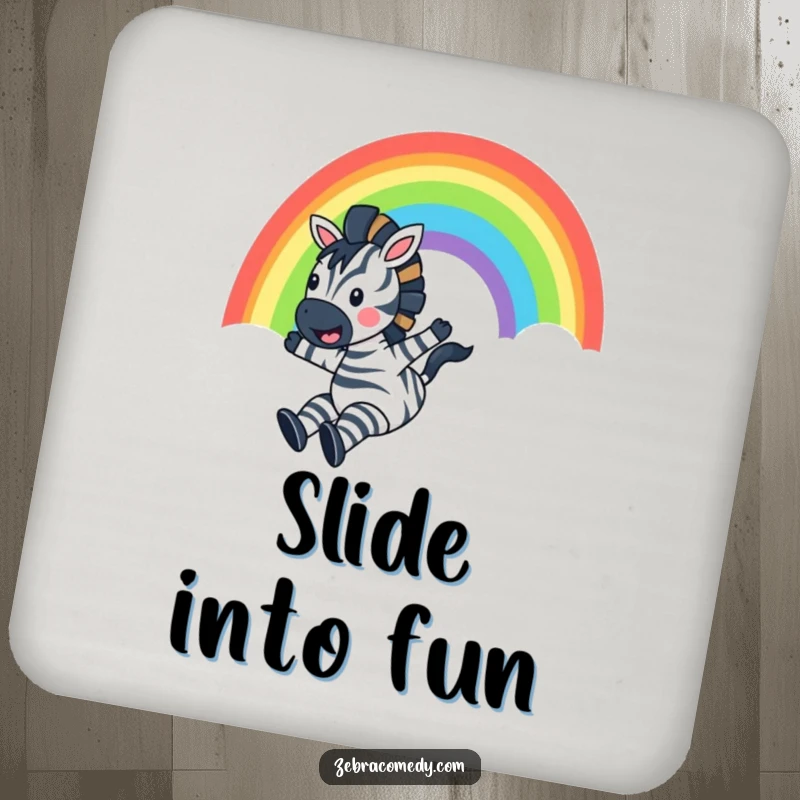 Funny Zebra Coaster: A happy zebra slides down a colorful rainbow, shouting with pure joy, adding fun to drink protection.