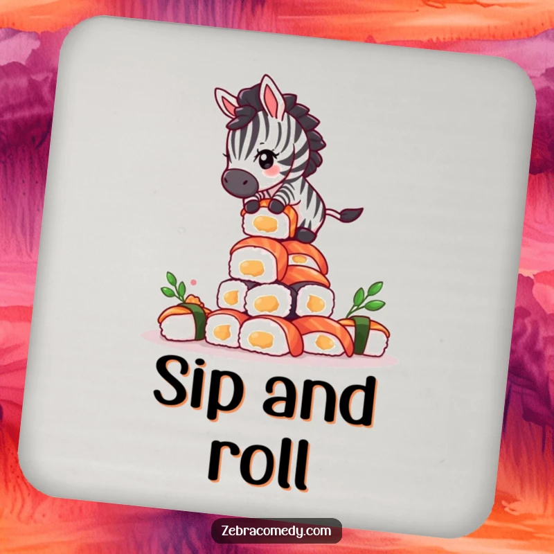 Funny Giddy Zebra Sushi Coasters: A dizzy zebra balancing on a tall tower of sushi, protecting surfaces.