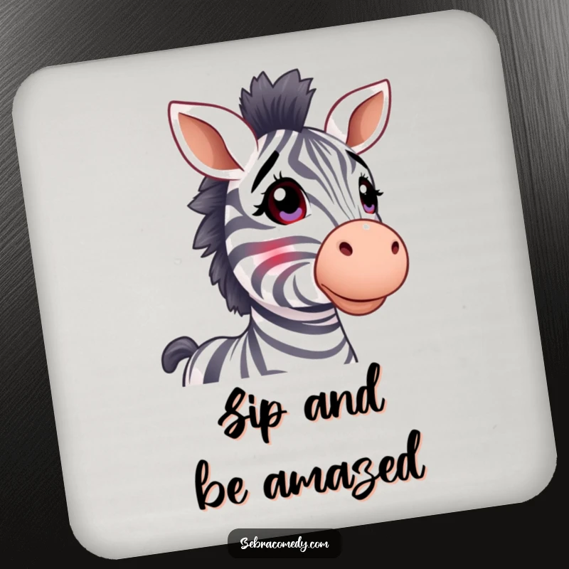 Funny zebra coasters, stripy ears perked, looking up in wonder, protecting tables with cute curiosity.