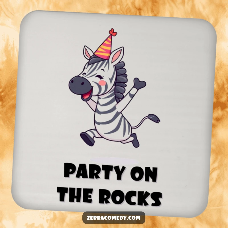 Funny Zebra Coasters showing a zebra leaping with joy and wearing a party hat, adding festive humor.