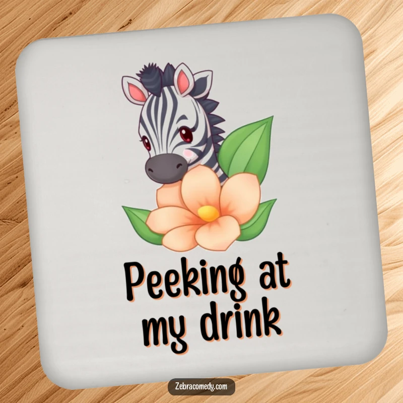 Funny zebra peeking from behind a floral design on a drink coaster, offering cute and humorous surface protection.