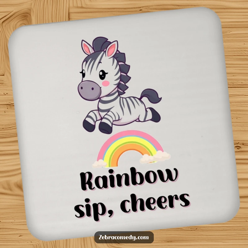 Funny Zebra Coaster: A cheerful zebra character jumping over a small rainbow, adding whimsical protection to your surfaces.