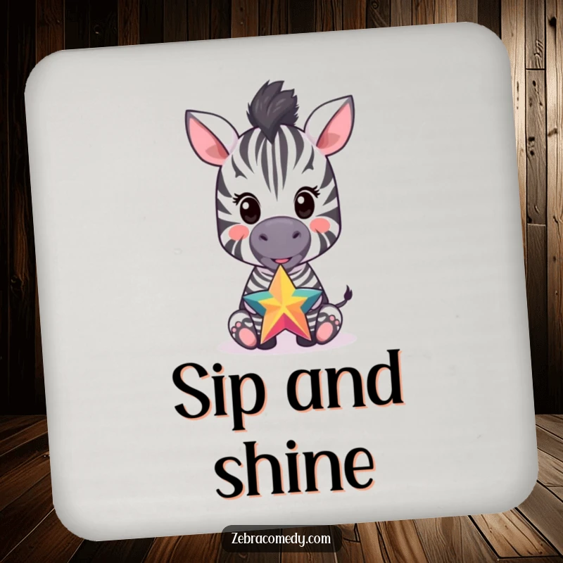 Funny drink coaster showcasing a happy zebra cub balancing a colorful star on its nose, adding a playful element to beverage service.