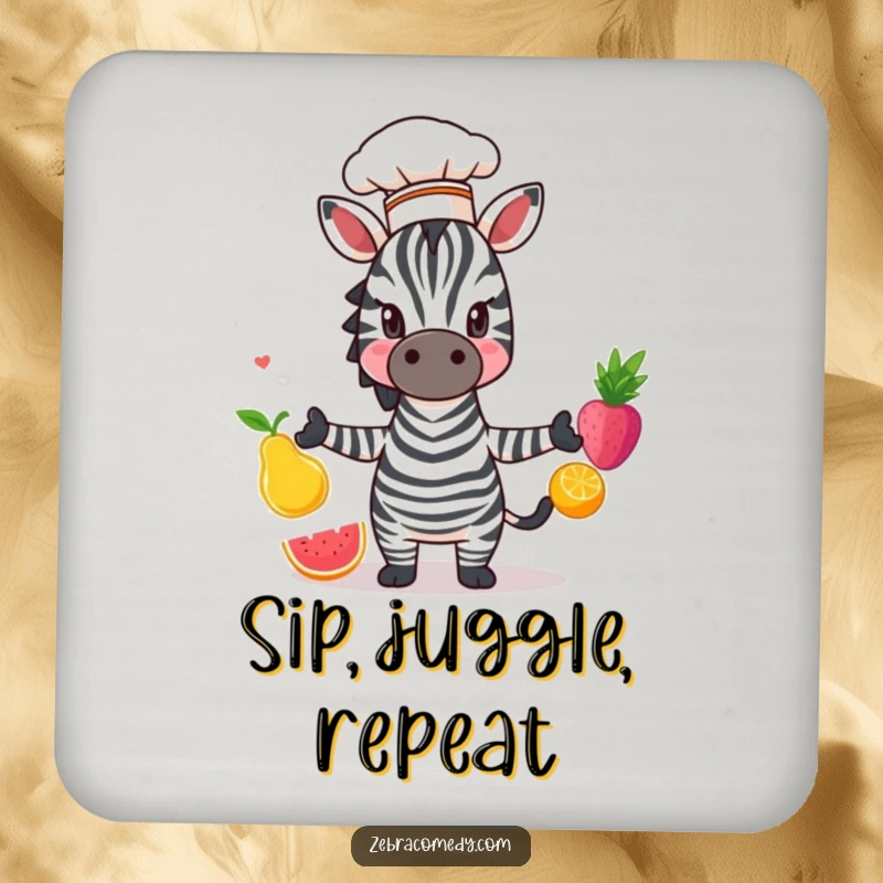 Funny Zebra Coaster: A zebra chef juggling fruit, adding amusing culinary flair and protection to your surfaces.