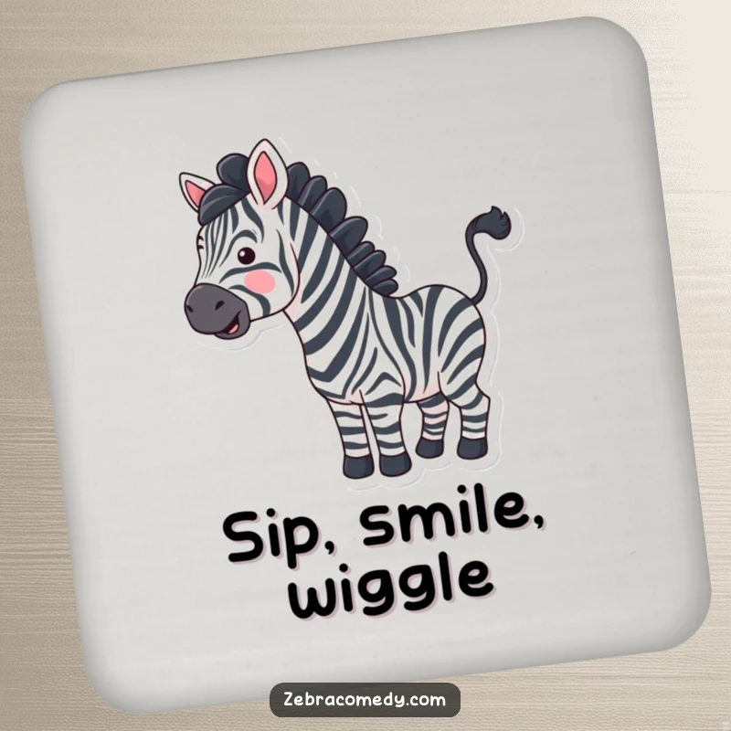 Funny zebra with exaggerated wavy stripes happily wiggling its tail on a drink coaster, adding cheerful humor.