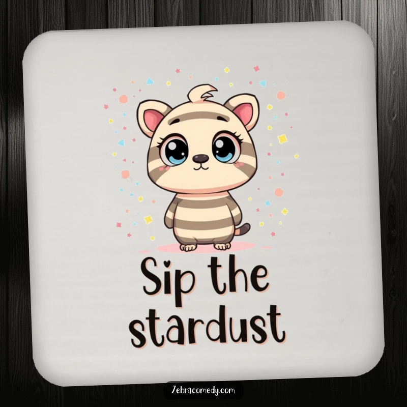 Funny drink coaster with a striped character gazing at a confetti galaxy, offering surface protection with a humorous and cosmic design.