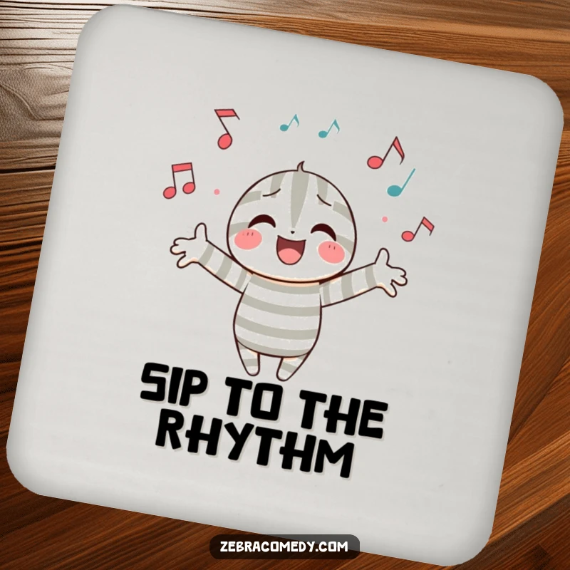 Funny drink coaster with a striped character and musical notes, offering protection for surfaces with a humorous and melodic design.