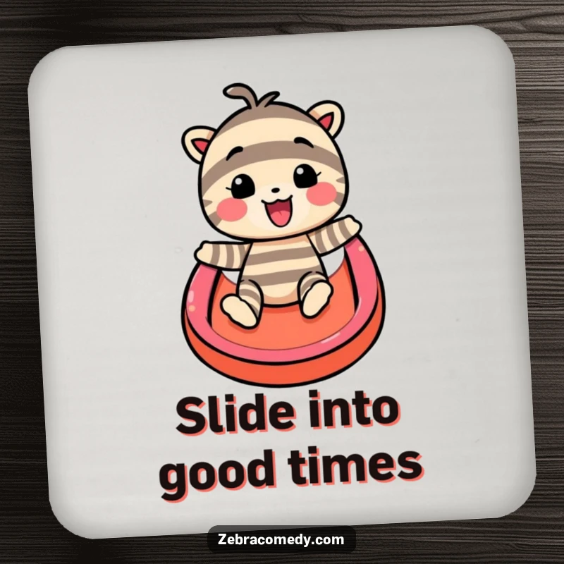 Funny drink coaster with a striped character sliding down a rainbow, protecting furniture with a delightful and humorous visual.
