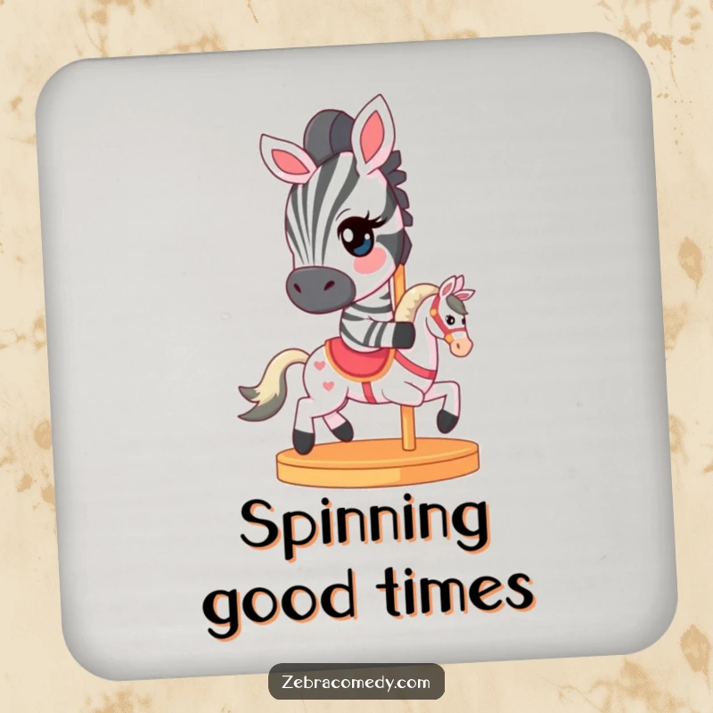 Funny Drink Coaster showcasing a zebra character with a mischievous wink, riding a miniature carousel horse, a humorous and charming addition.