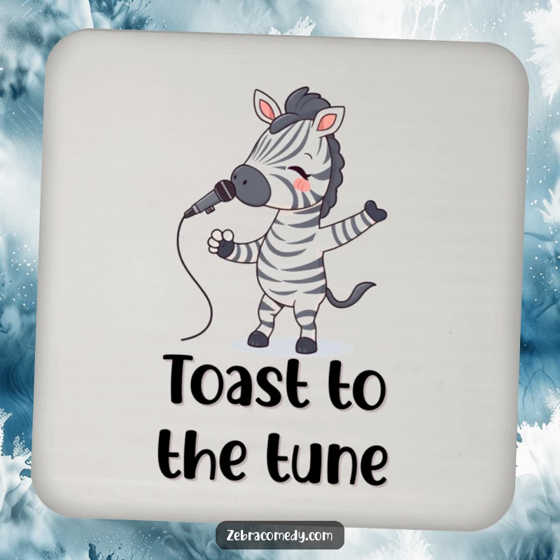 Funny Zebra Coasters showing a zebra with striped socks jiving with a microphone, adding musical humor.