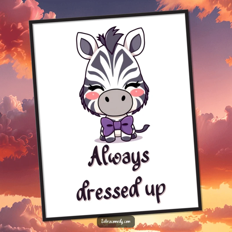 Funny Playful Zebra Poster: A stylish zebra wearing a silly, oversized bowtie and winking cheekily.