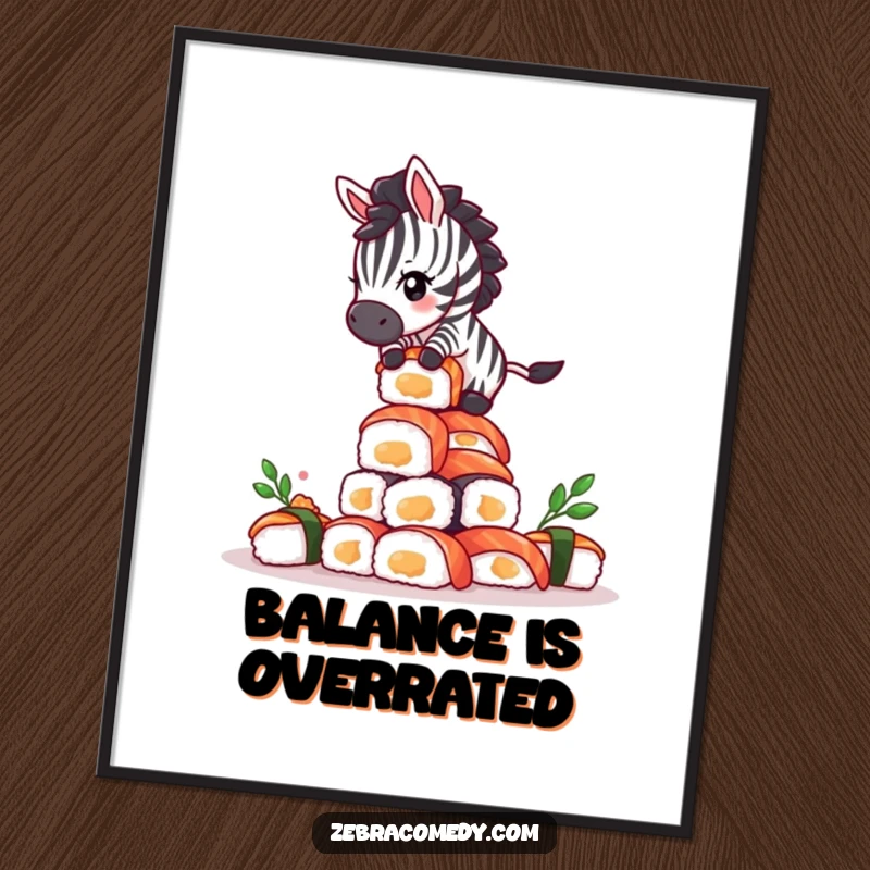 Funny Giddy Zebra Sushi Art: A dizzy zebra wobbling while balancing on a towering, unstable structure of sushi.