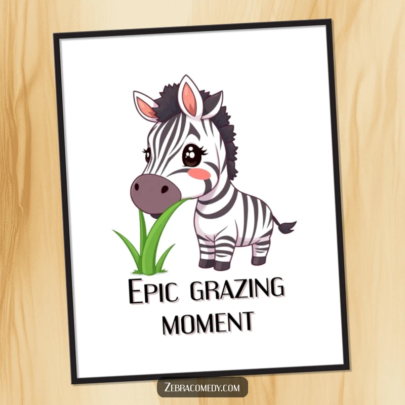 Funny zebra poster illustrating a huge smile while eating large grass, perfect for adding humorous charm.