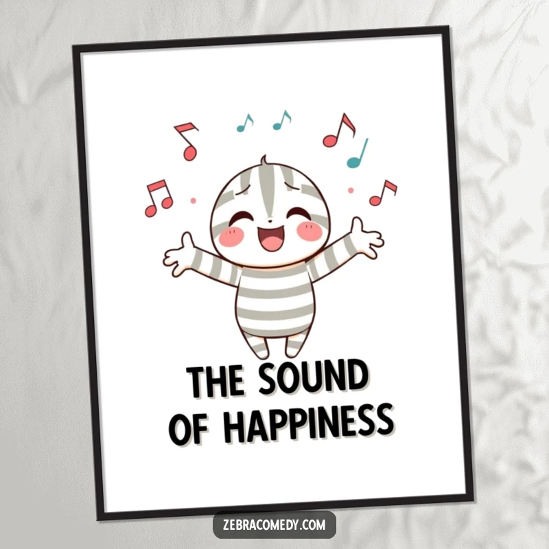 Funny poster capturing a striped character joyfully interacting with a flurry of musical notes, perfect for inspiring musical vibes.