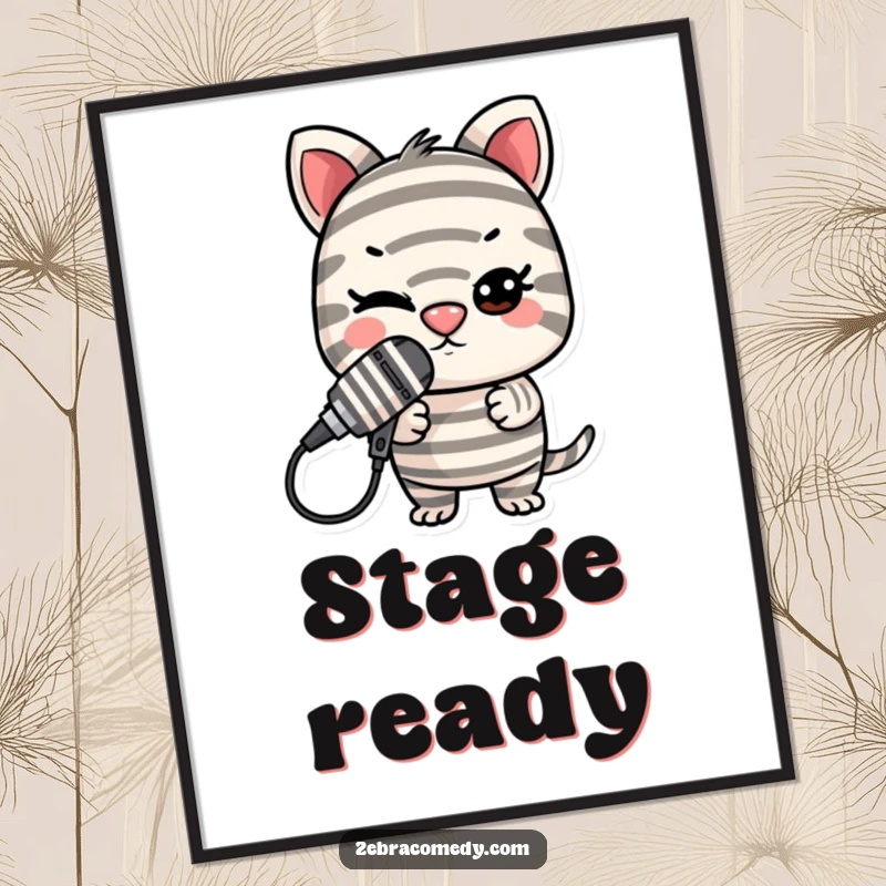Funny Striped Microphone Poster: A mischievous striped character balances a microphone on its nose, winking at the audience.