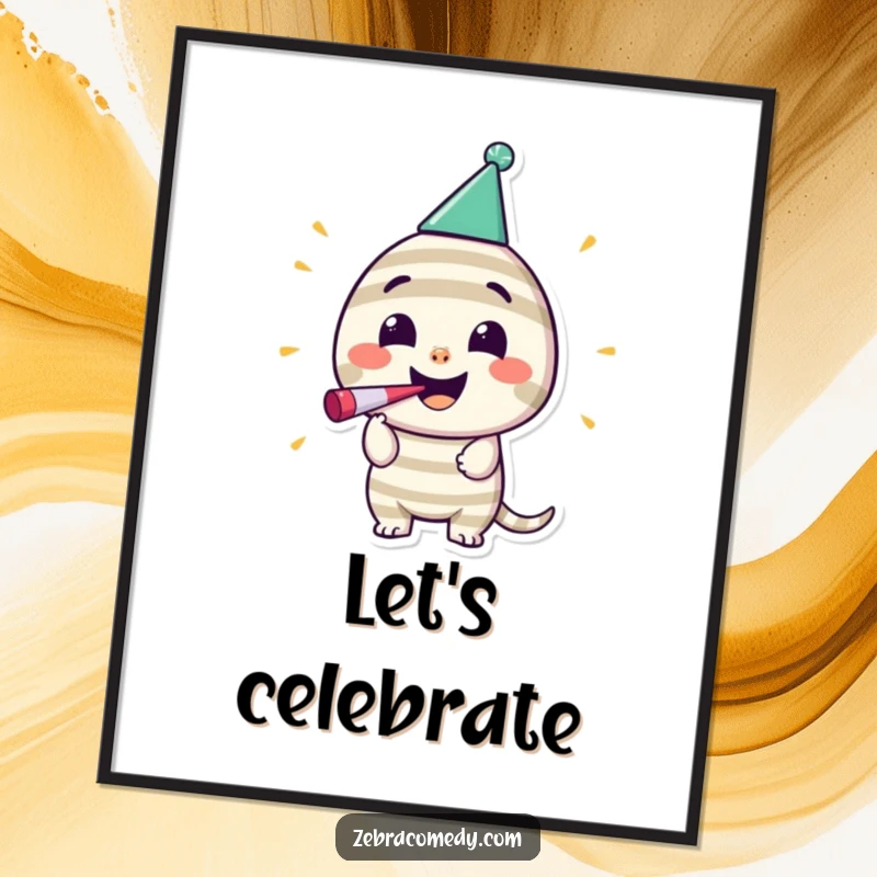 Funny Striped Party Poster: A happy striped character in a party hat blows a noisemaker, creating a festive atmosphere.