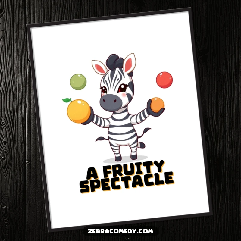 Funny zebra poster of a zebra playfully juggling three colorful fruits with excitement, creating a vibrant and humorous piece of wall art.