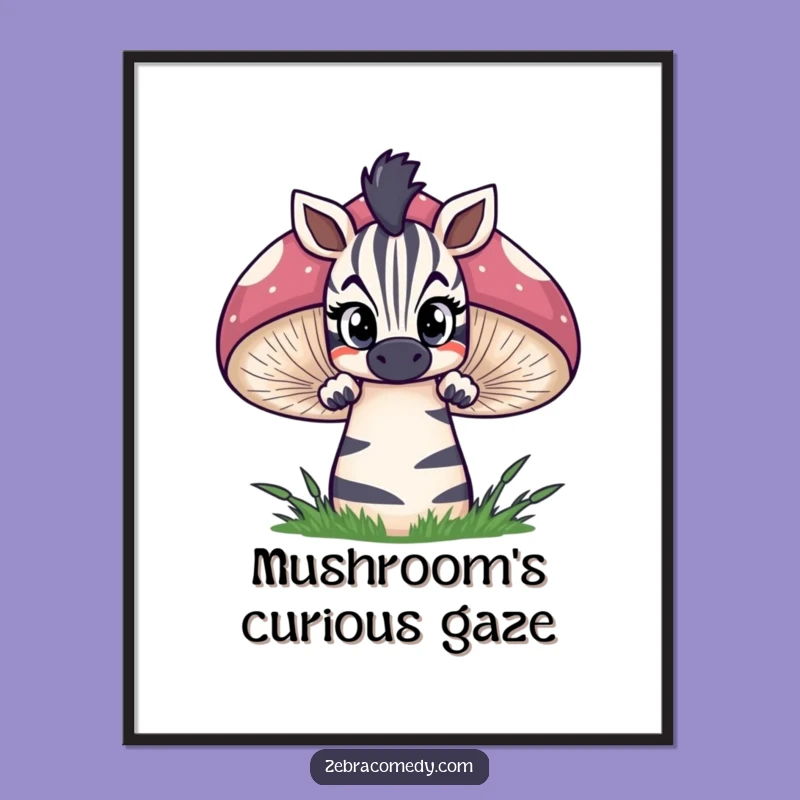 Funny Zebra Art Poster: Mushroom Peek Curiosity, Whimsical Wall Decor