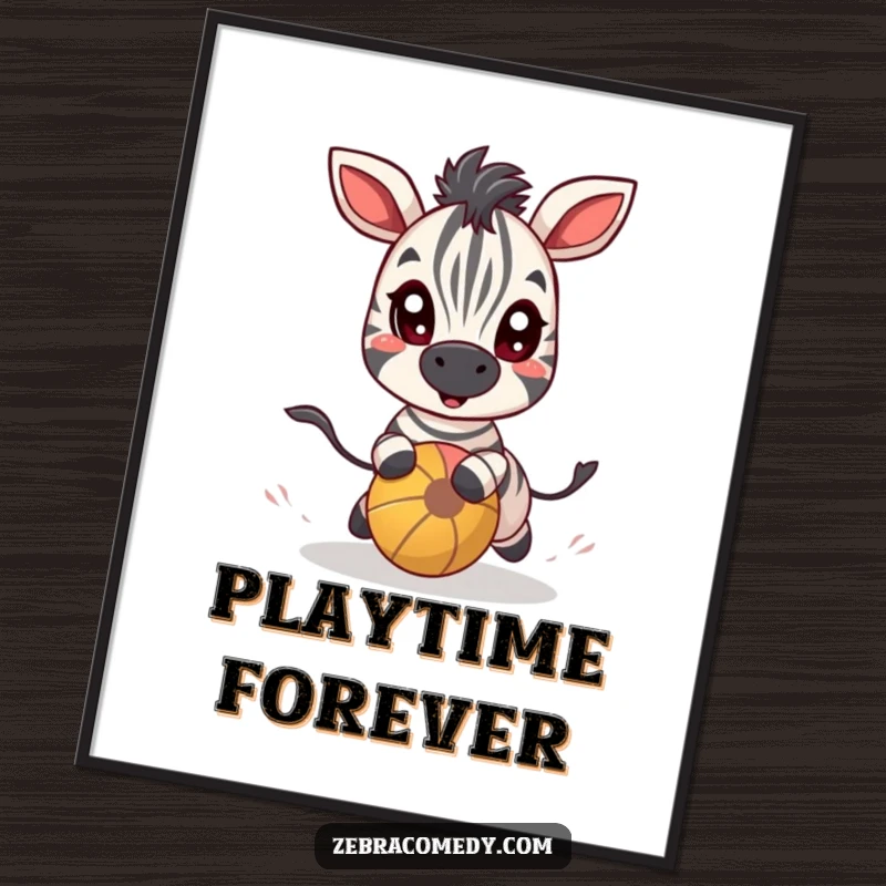 Funny zebra character with wide, excited eyes in playful pursuit of a bouncy ball, displayed on a vibrant poster.