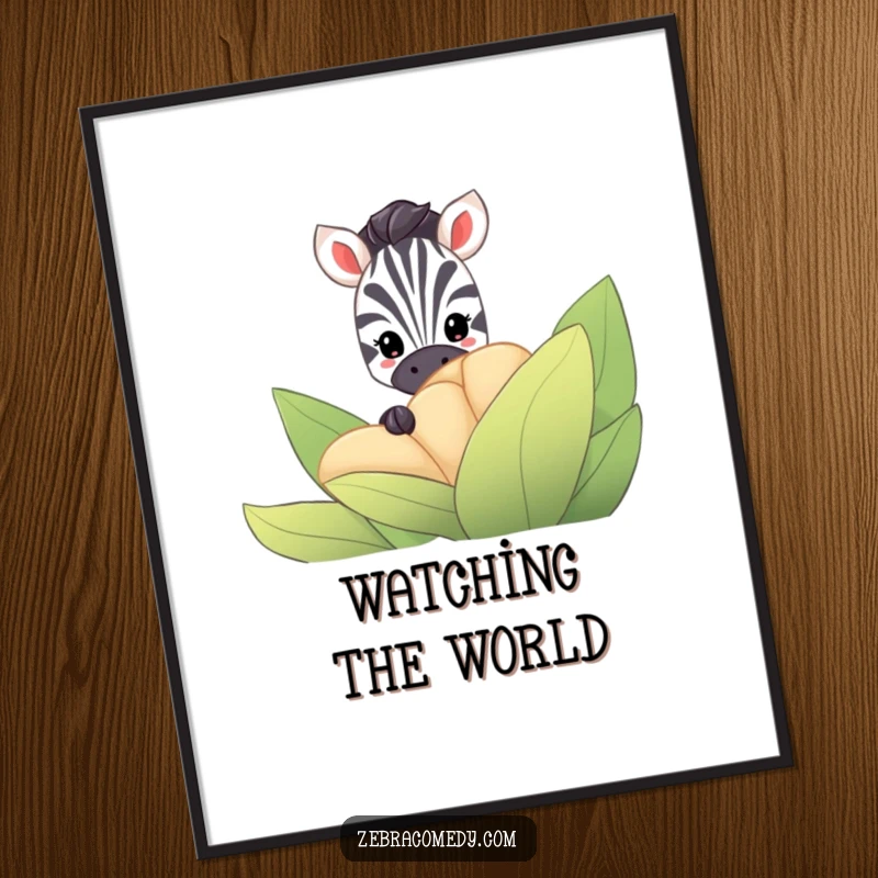 Funny Zebra Poster: A shy zebra hides behind a large, striped flower, only its curious eyes visible, creating a whimsical piece of art.