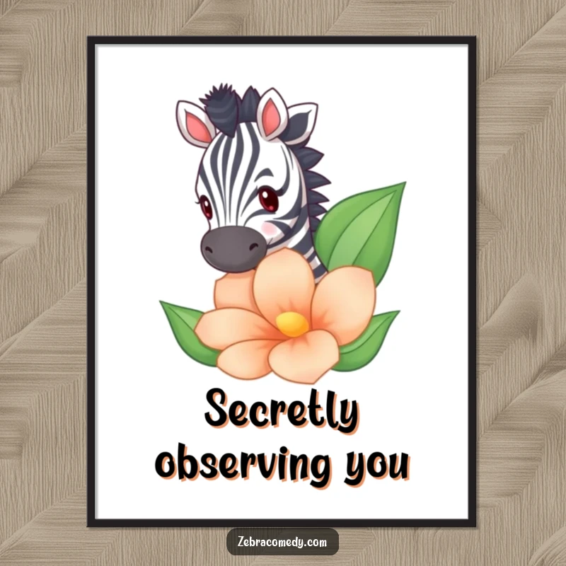 Funny zebra peeking playfully from a giant striped flower, presented as a vibrant and humorous poster.