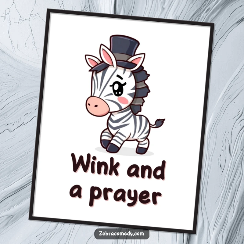 Funny Zebra Poster: An artistic print of a zebra wearing a tiny top hat, tiptoeing stealthily with a mischievous wink.