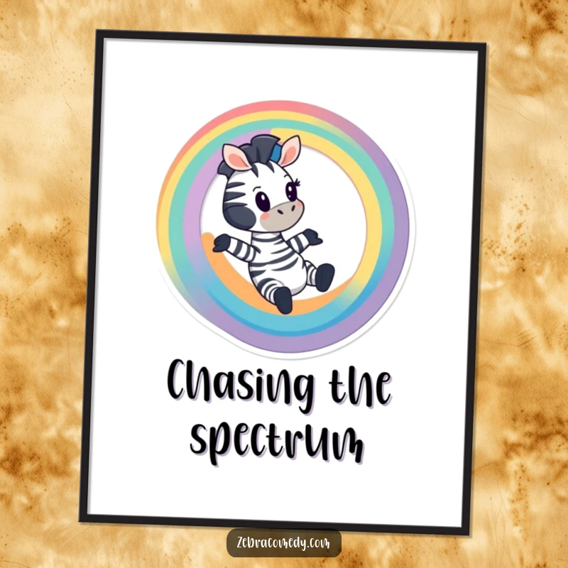 Funny Zebra Poster: A cartoon zebra excitedly sliding down a colorful rainbow, bringing cheer, gift idea.