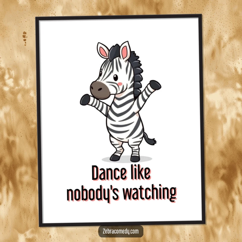Funny zebra performing a hilarious silly dance with front legs in the air, vibrant and cheerful wall art.