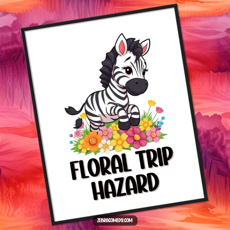 Funny zebra comically slipping on a patch of colorful flowers, a hilarious and amusing piece of wall art.