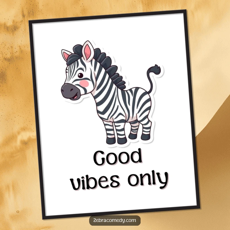 Funny zebra with exaggerated wavy stripes happily wiggling its tail, displayed as a vibrant poster.