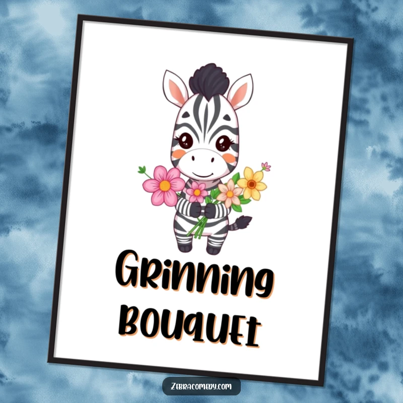 Funny grinning zebra poster featuring a happy zebra holding a colorful bouquet of flowers, adding cheerful and humorous vibes to any space.