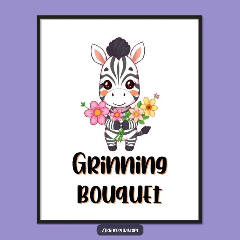 Funny Grinning Zebra Poster, Cheerful Flower Art for a Happy and Funny Home
