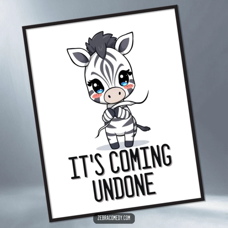 Funny Poster of a zebra character playfully tugging at a loose stripe that is comically unraveling, creating a humorous visual narrative.