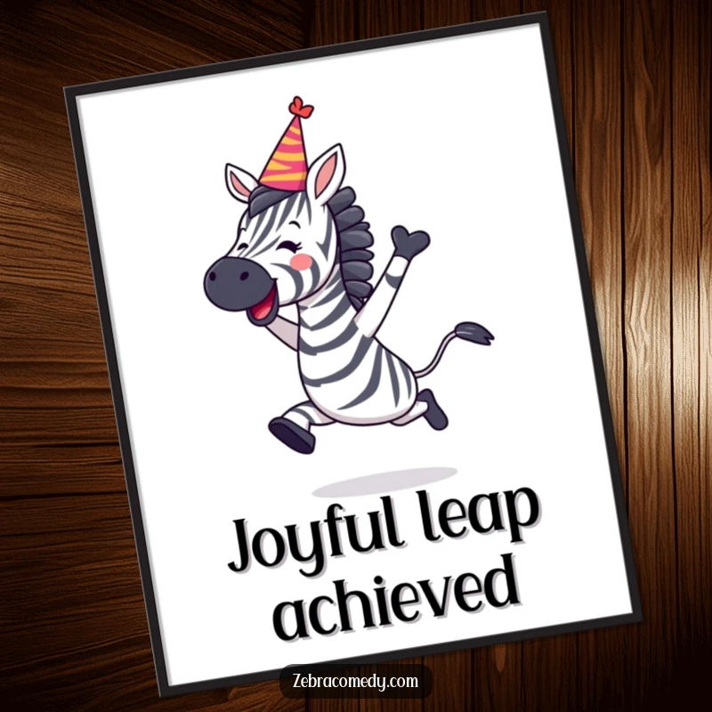 Funny Zebra Poster of a zebra leaping with joy, wearing a party hat askew, perfect for festive decor.