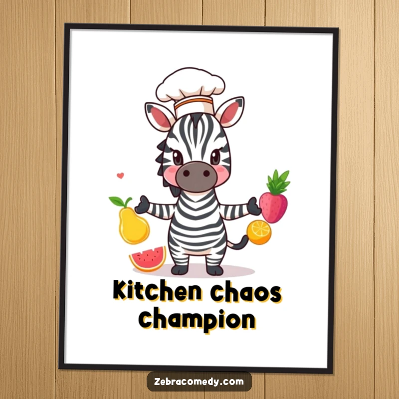Funny Zebra Poster: A skilled zebra in a chef hat juggling colorful fruits, radiating culinary charm and humor for wall decor.