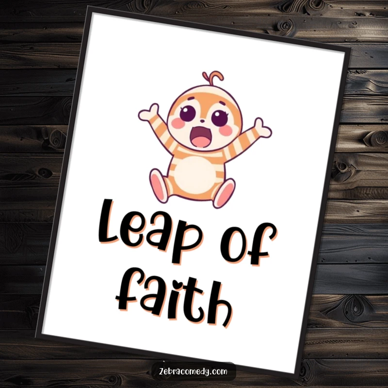 Funny poster featuring a surprised striped character mid-joyful-jump, capturing a moment of pure, unexpected delight and action.