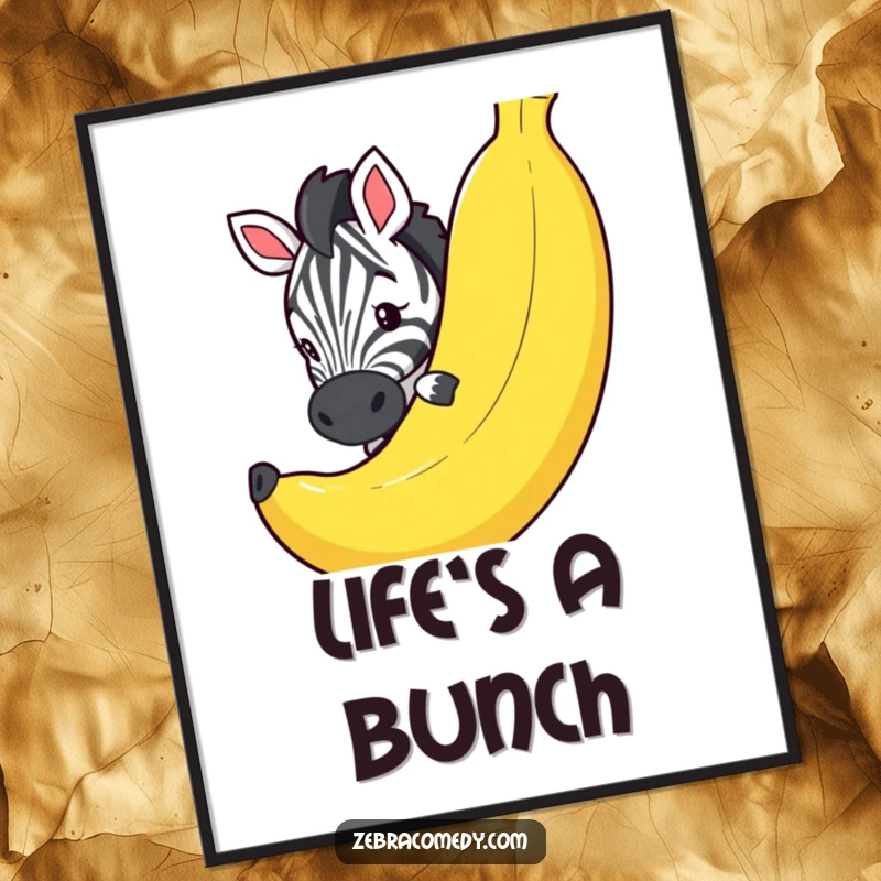 Funny poster showcasing a curious zebra looking around a gigantic, vibrant novelty banana, bringing whimsical energy to any wall.
