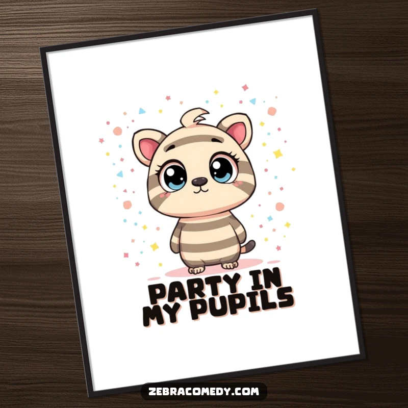 Funny poster featuring a striped character with wide, curious eyes observing an expansive, swirling galaxy made of colorful confetti, evoking awe.