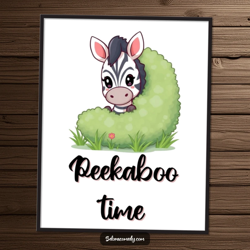 Funny peeking zebra poster featuring a playful zebra peeking from behind a bush, adding a humorous and whimsical touch to any space.