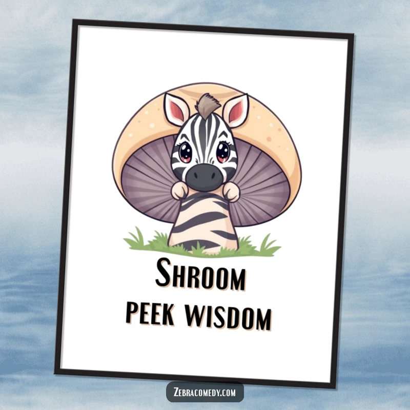 Funny zebra with wide, curious eyes peeking over a large striped mushroom, a magical and amusing wall art piece.