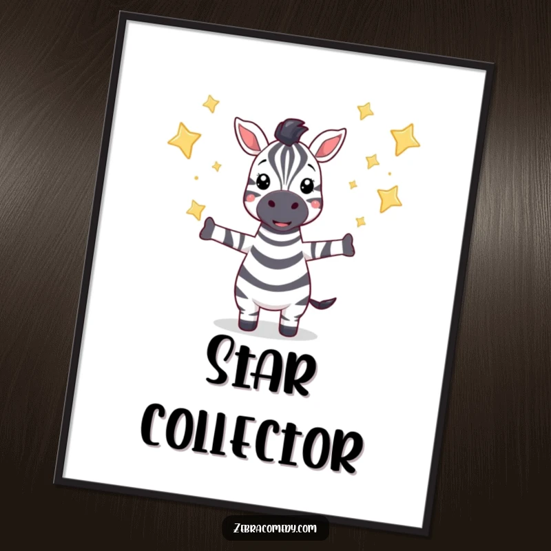 Funny poster of a zebra character reaching out to catch falling, sparkling stars, creating a magical and hopeful wall decoration.