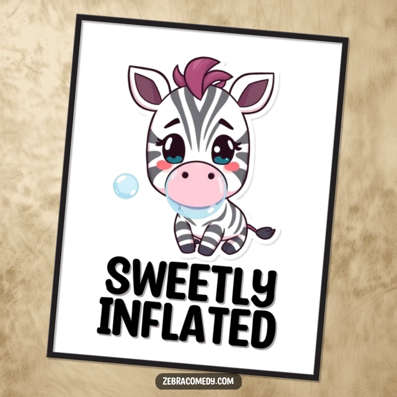 Funny poster art of a cheerful zebra character blowing a large bubble, capturing a moment of pure, sweet joy and humor.