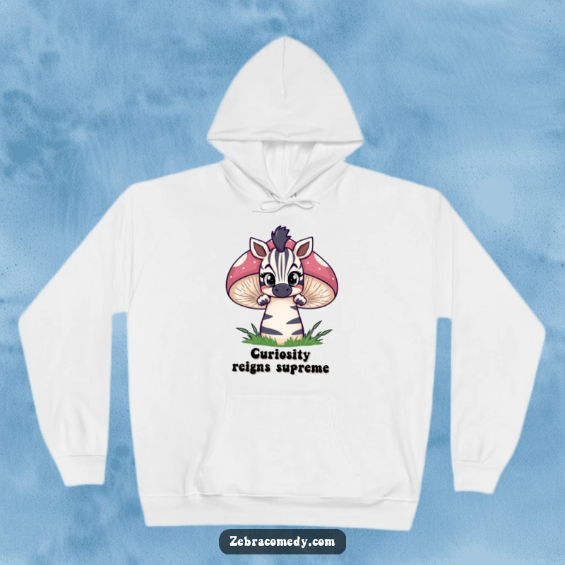 Funny zebra hoodie showing a curious zebra peeking over a large, striped mushroom with wide eyes, offering cozy warmth and whimsical charm.