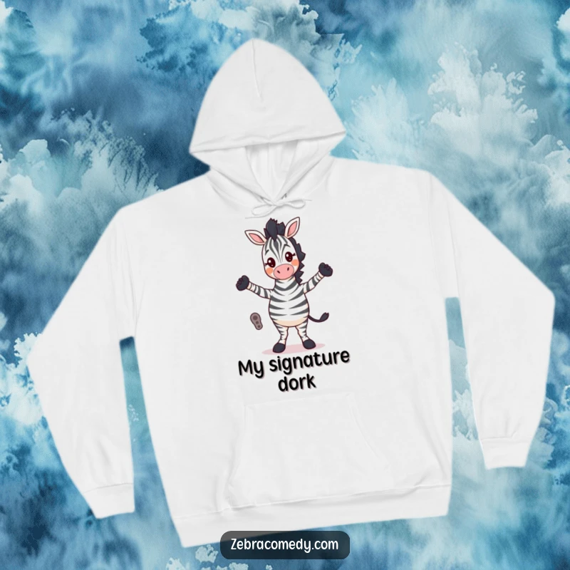 Funny Hoodie: A zebra character grooves with its legs crossed in a silly dance, perfect for adding humorous flair to your cozy wear.