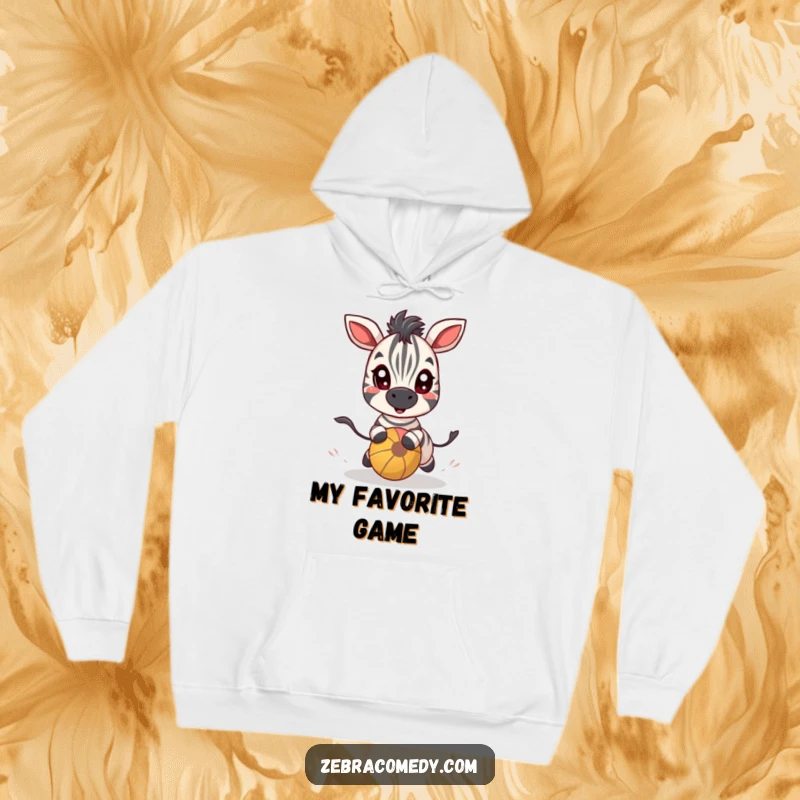 Funny zebra character with wide, excited eyes, playfully chasing a bouncy ball, perfect for a cozy and humorous hoodie.