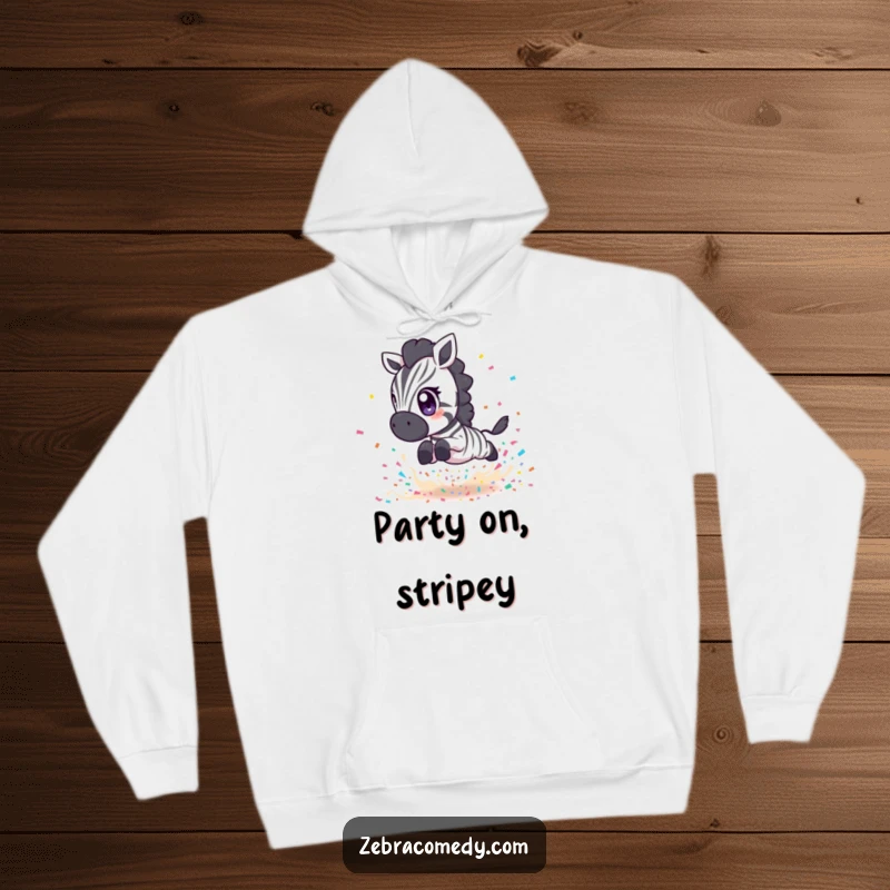 Funny Zebra Hoodie: An adorable zebra with big eyes leaping over confetti, cozy and fun, gift idea.