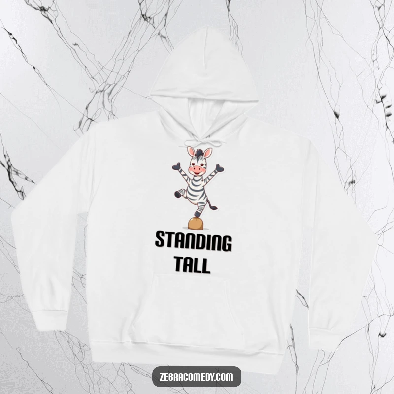 Funny Zebra Hoodie: A warm hoodie featuring a zebra balancing on one hoove, arms spread wide in an expression of pure joy.