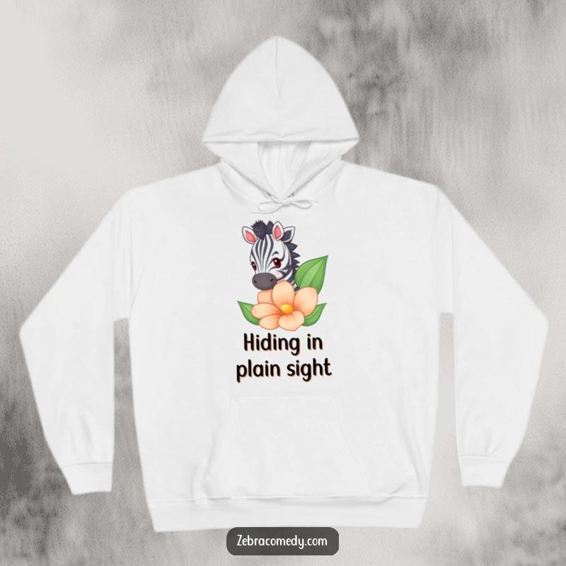 Funny zebra character peeking from behind a giant striped flower, featured on a warm and humorous hoodie.