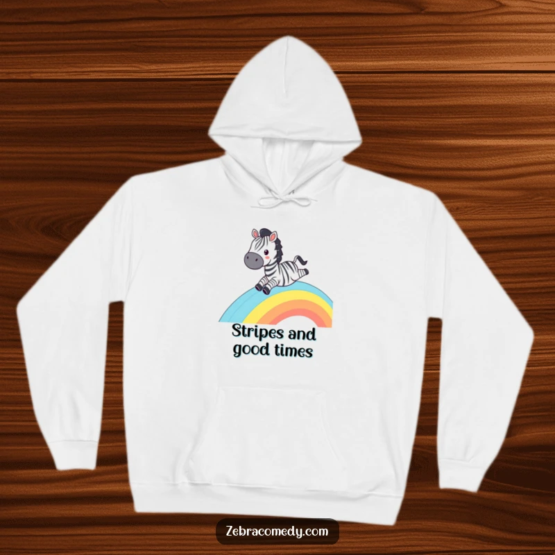 Funny Zebra Hoodie: A grinning zebra playfully sliding down a rainbow, a cozy and humorous apparel choice.