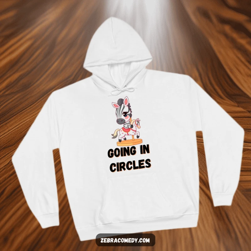 Funny Hoodie featuring a zebra character with a mischievous wink, riding a tiny carousel horse, offering cozy charm and humor.